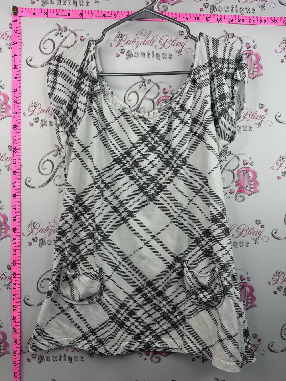Cato milkmaid top y2k plaid pockets Black and White Plaid Short Sleeve Tunic
